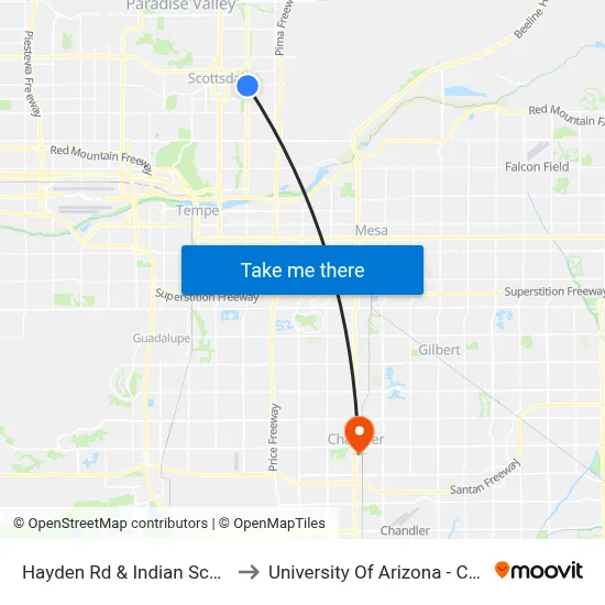 Hayden Rd & Indian School Rd to University Of Arizona - Chandler map