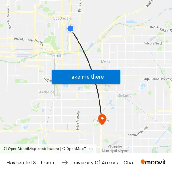 Hayden Rd & Thomas Rd to University Of Arizona - Chandler map