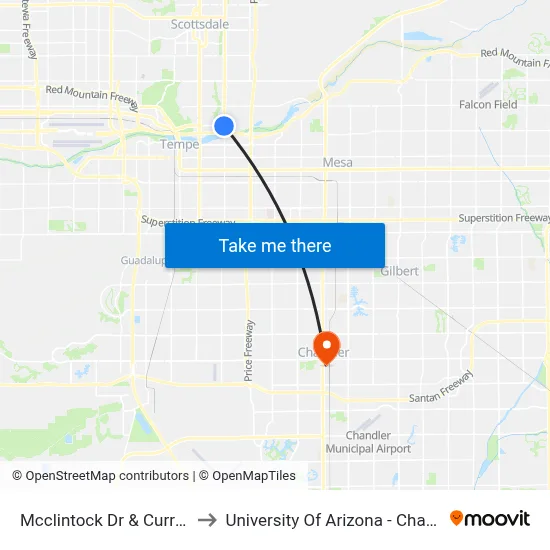 Mcclintock Dr & Curry Rd to University Of Arizona - Chandler map