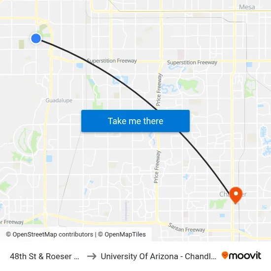 48th St & Roeser Rd to University Of Arizona - Chandler map