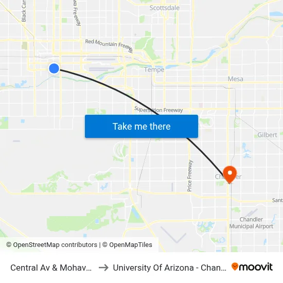Central Av & Mohave St to University Of Arizona - Chandler map