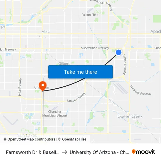 Farnsworth Dr & Baseline Rd to University Of Arizona - Chandler map