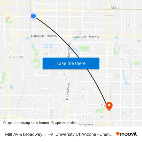 Mill Av & Broadway Rd to University Of Arizona - Chandler map