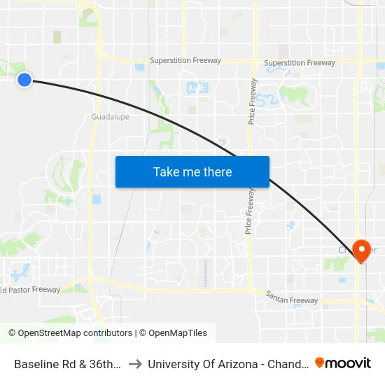 Baseline Rd & 36th St to University Of Arizona - Chandler map