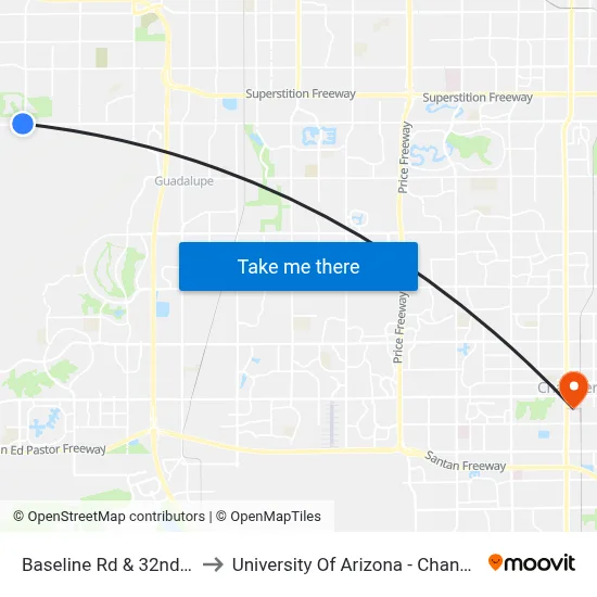 Baseline Rd & 32nd St to University Of Arizona - Chandler map