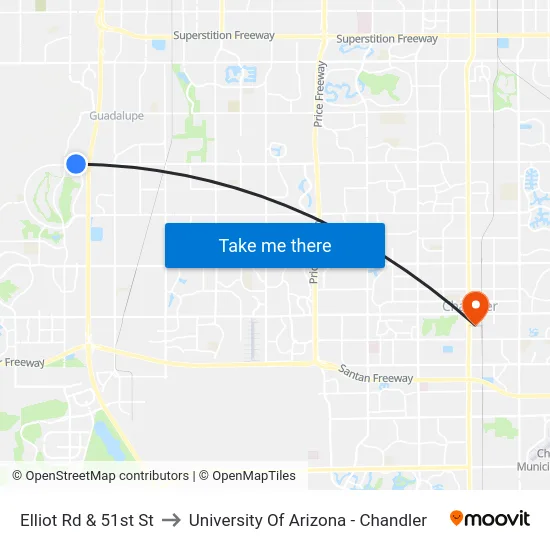 Elliot Rd & 51st St to University Of Arizona - Chandler map
