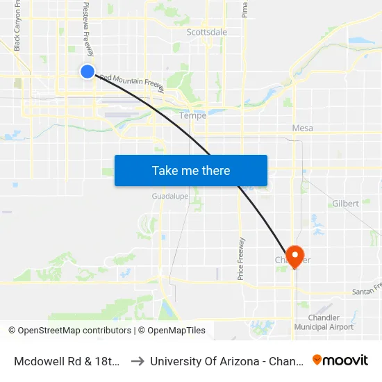 Mcdowell Rd & 18th St to University Of Arizona - Chandler map