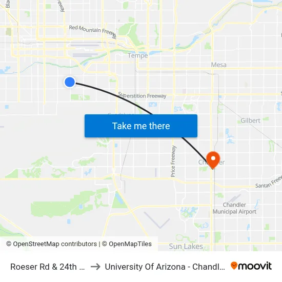 Roeser Rd & 24th St to University Of Arizona - Chandler map