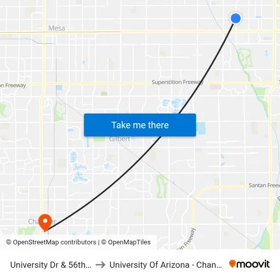 University Dr & 56th St to University Of Arizona - Chandler map