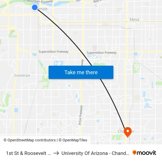 1st St & Roosevelt St to University Of Arizona - Chandler map