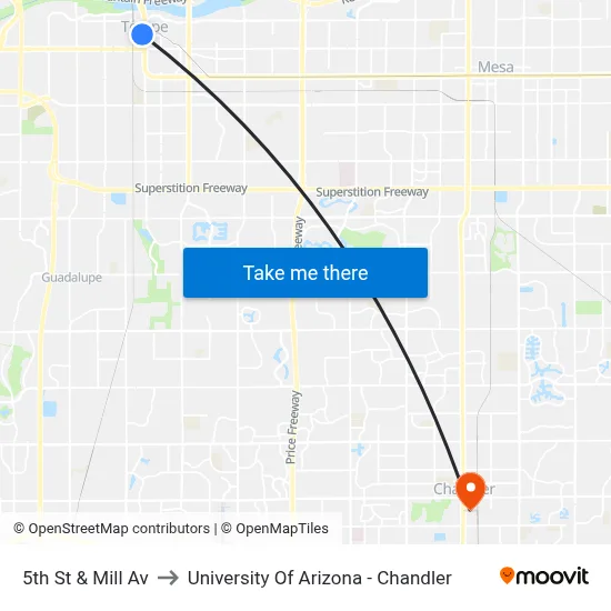 5th St & Mill Av to University Of Arizona - Chandler map