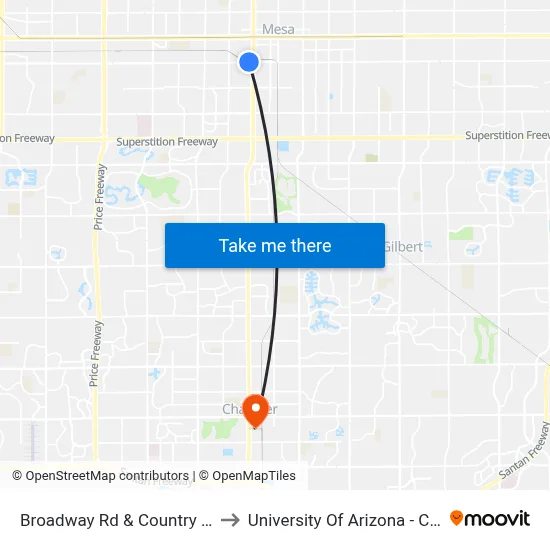 Broadway Rd & Country Club Dr to University Of Arizona - Chandler map