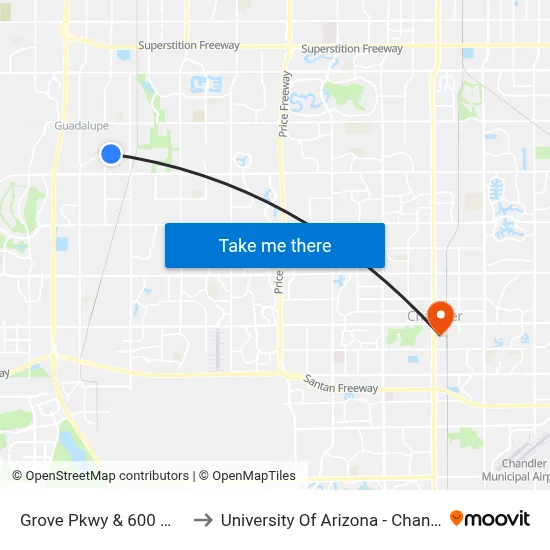 Grove Pkwy & 600 West to University Of Arizona - Chandler map