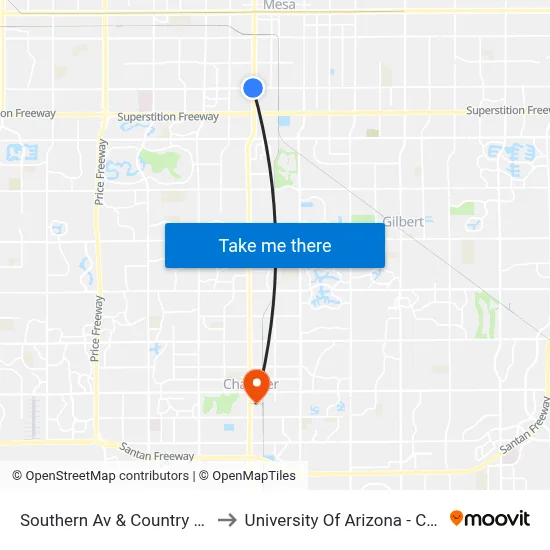 Southern Av & Country Club Dr to University Of Arizona - Chandler map