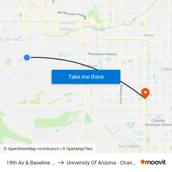 19th Av & Baseline Rd to University Of Arizona - Chandler map