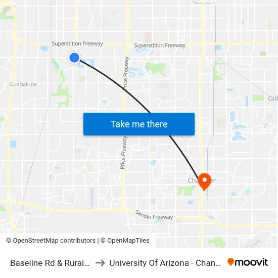 Baseline Rd & Rural Rd to University Of Arizona - Chandler map