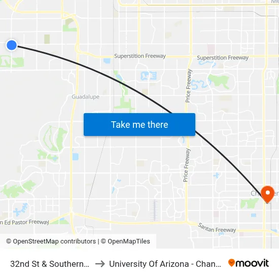 32nd St & Southern Av to University Of Arizona - Chandler map