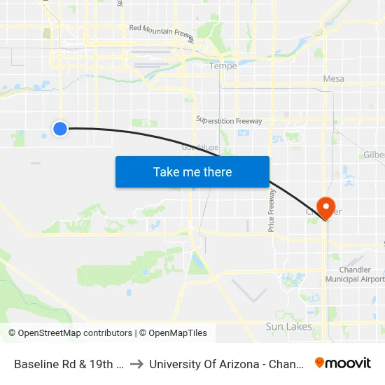 Baseline Rd & 19th Av to University Of Arizona - Chandler map