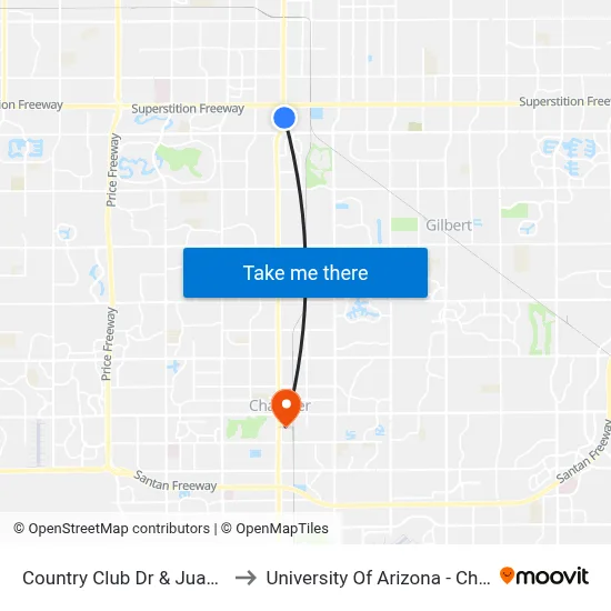 Country Club Dr & Juanita Av to University Of Arizona - Chandler map
