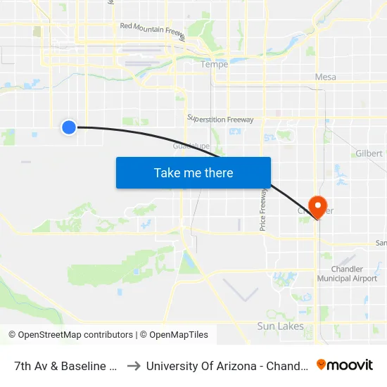 7th Av & Baseline Rd to University Of Arizona - Chandler map