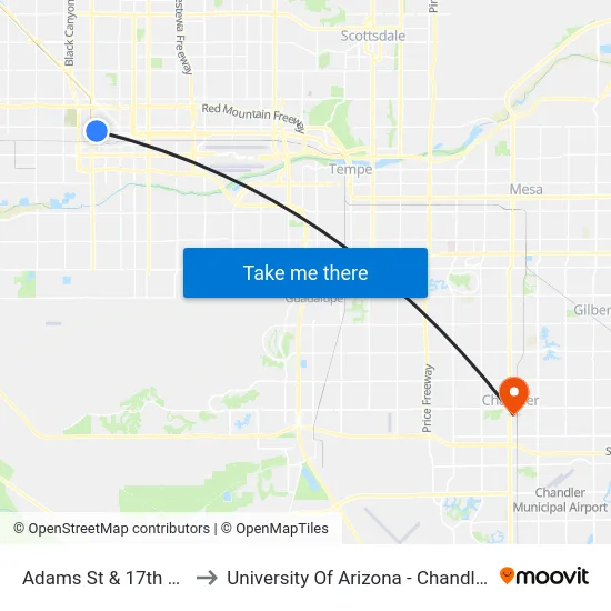 Adams St & 17th Av to University Of Arizona - Chandler map