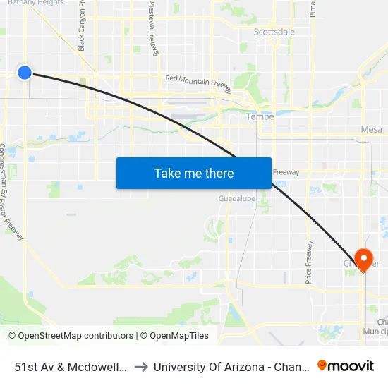 51st Av & Mcdowell Rd to University Of Arizona - Chandler map
