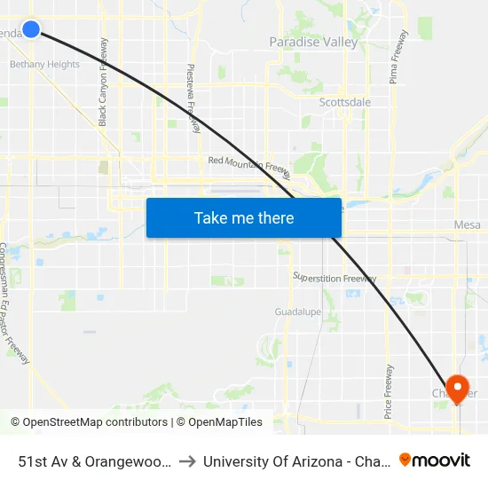51st Av & Orangewood Av to University Of Arizona - Chandler map