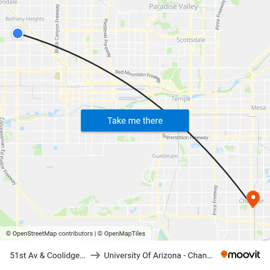 51st Av & Coolidge St to University Of Arizona - Chandler map