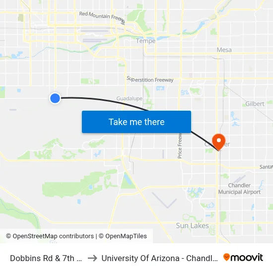 Dobbins Rd & 7th St to University Of Arizona - Chandler map