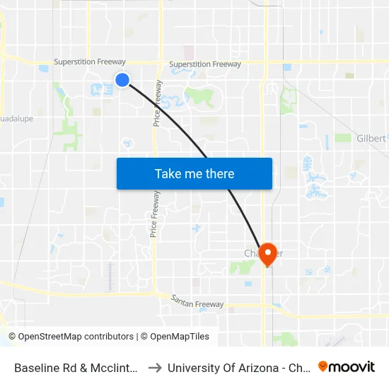 Baseline Rd & Mcclintock Dr to University Of Arizona - Chandler map