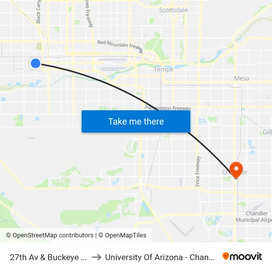 27th Av & Buckeye Rd to University Of Arizona - Chandler map