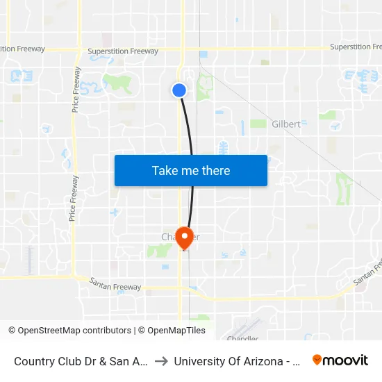 Country Club Dr & San Angelo St to University Of Arizona - Chandler map
