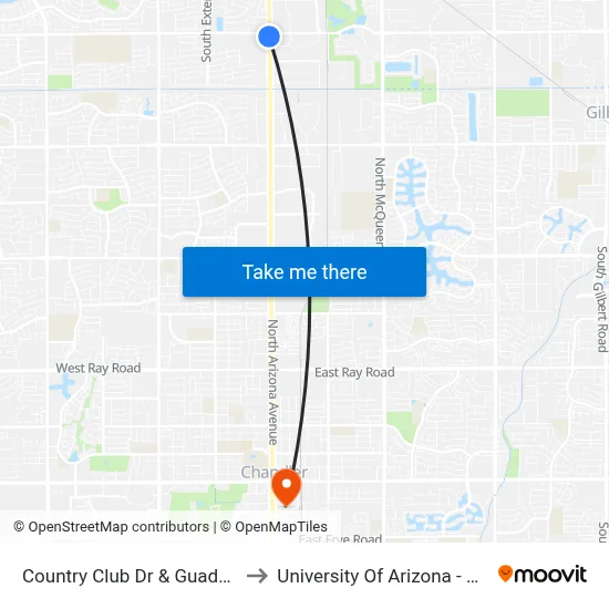 Country Club Dr & Guadalupe Rd to University Of Arizona - Chandler map