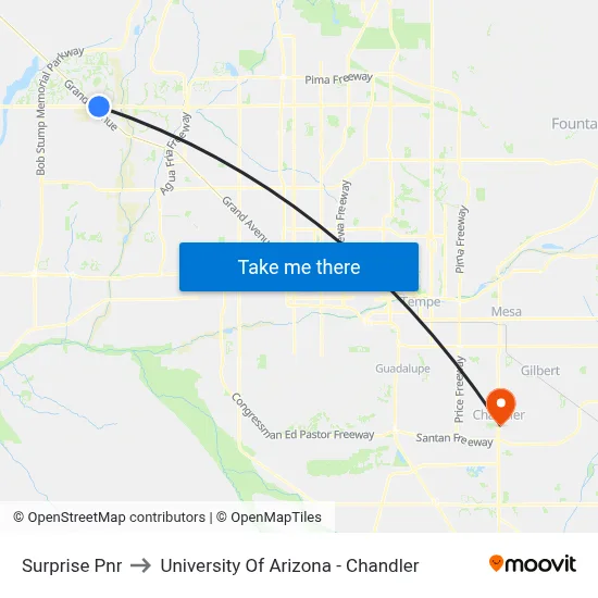 Surprise Pnr to University Of Arizona - Chandler map