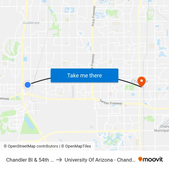 Chandler Bl & 54th St to University Of Arizona - Chandler map