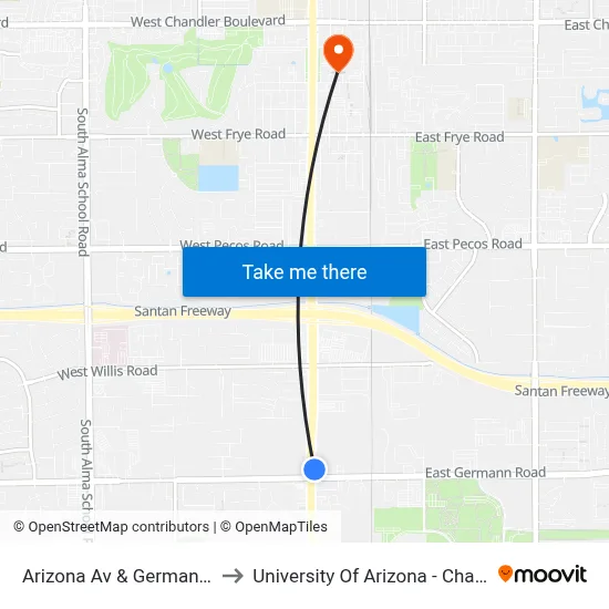 Arizona Av & Germann Rd to University Of Arizona - Chandler map