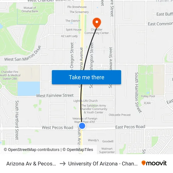 Arizona Av & Pecos Rd to University Of Arizona - Chandler map