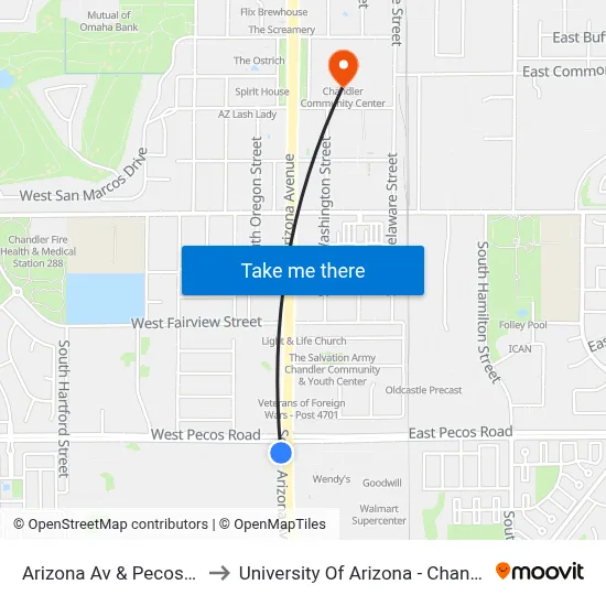 Arizona Av & Pecos Rd to University Of Arizona - Chandler map