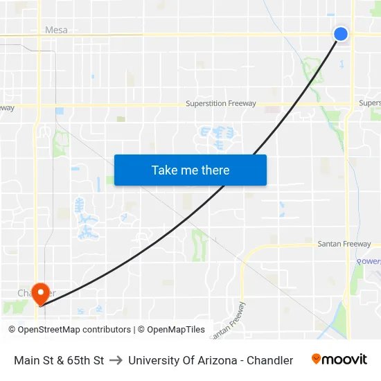 Main St & 65th St to University Of Arizona - Chandler map