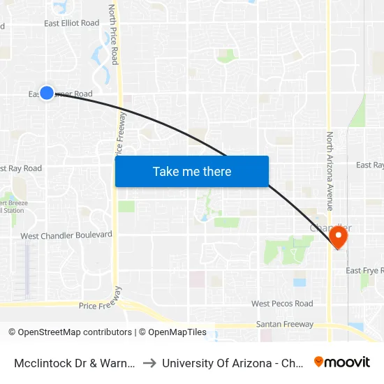 Mcclintock Dr & Warner Rd to University Of Arizona - Chandler map