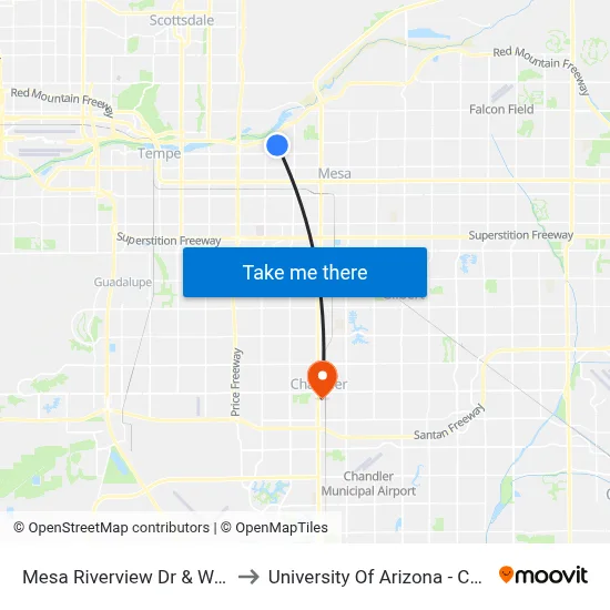 Mesa Riverview Dr & Walmart to University Of Arizona - Chandler map