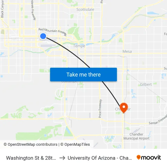 Washington St & 28th St to University Of Arizona - Chandler map