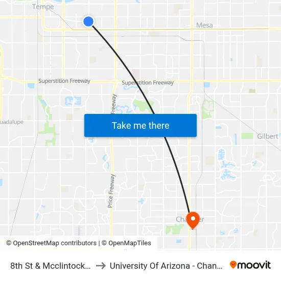 8th St & Mcclintock Dr to University Of Arizona - Chandler map