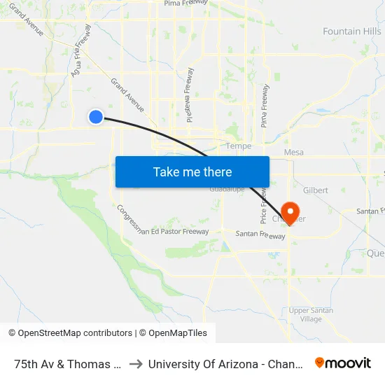 75th Av & Thomas Rd to University Of Arizona - Chandler map