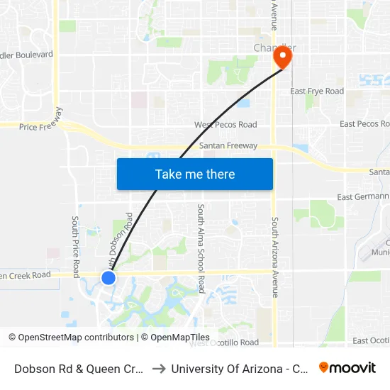 Dobson Rd & Queen Creek Rd to University Of Arizona - Chandler map
