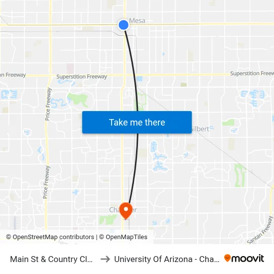 Main St & Country Club Dr to University Of Arizona - Chandler map