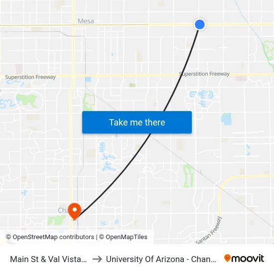 Main St & Val Vista Dr to University Of Arizona - Chandler map