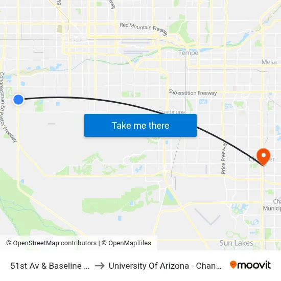 51st Av & Baseline Rd to University Of Arizona - Chandler map