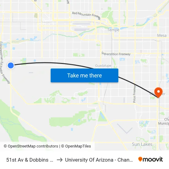 51st Av & Dobbins Rd to University Of Arizona - Chandler map