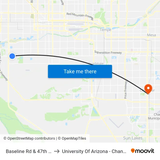 Baseline Rd & 47th Av to University Of Arizona - Chandler map